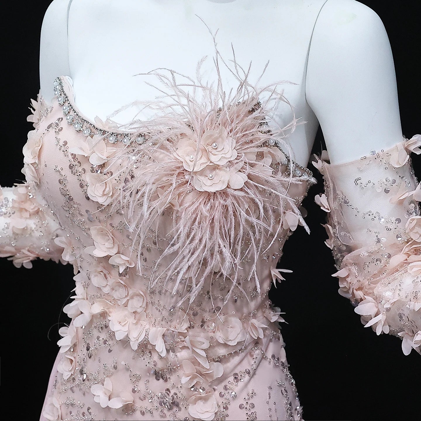 Elegant 3D Flowers Feathers Mermaid Evening Dress with Sleeves Women Wedding Party Gowns - Image 9