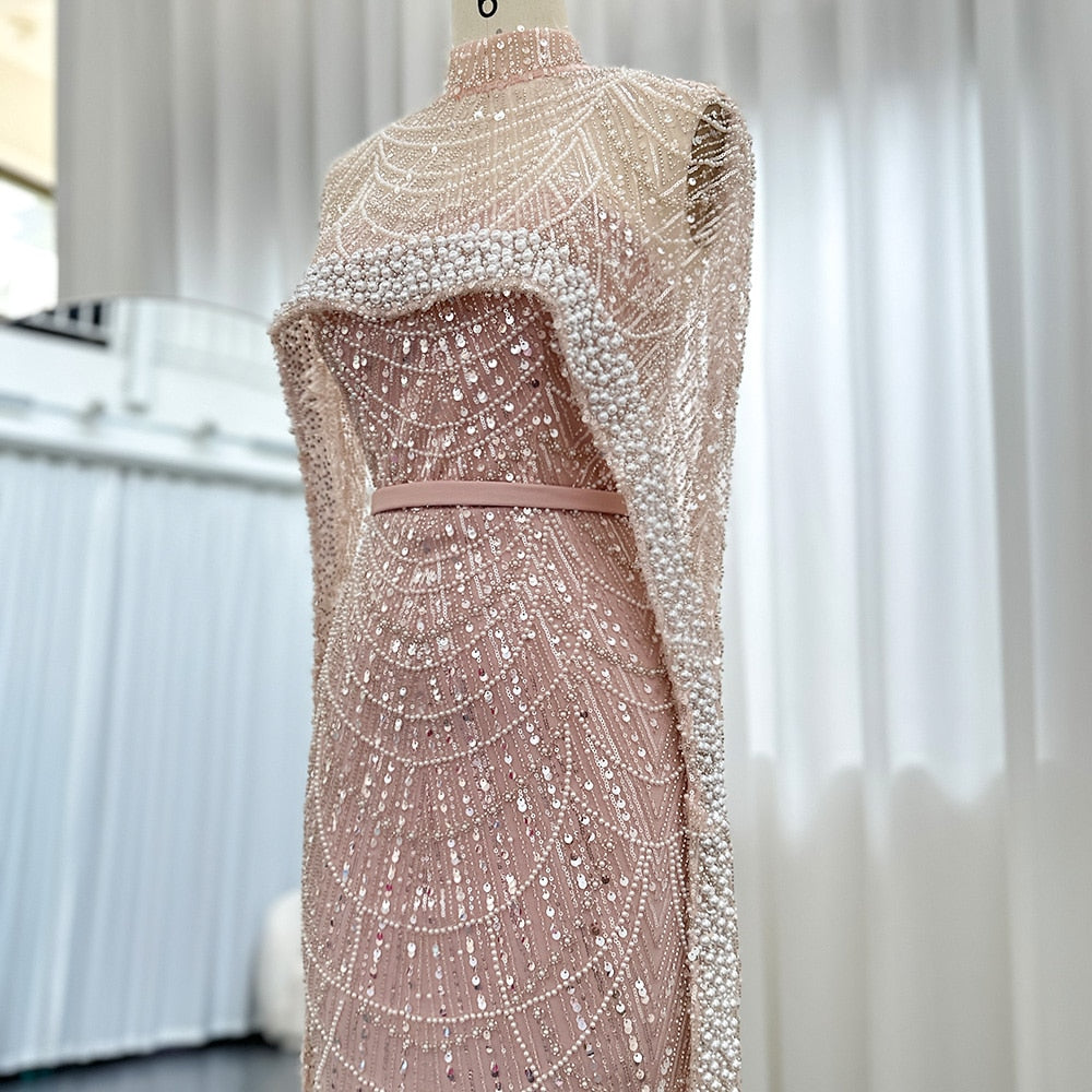 Luxury Pearls Champagne Evening Dresses with Cape Women Mermaid Wedding Party Prom Dress - Image 35