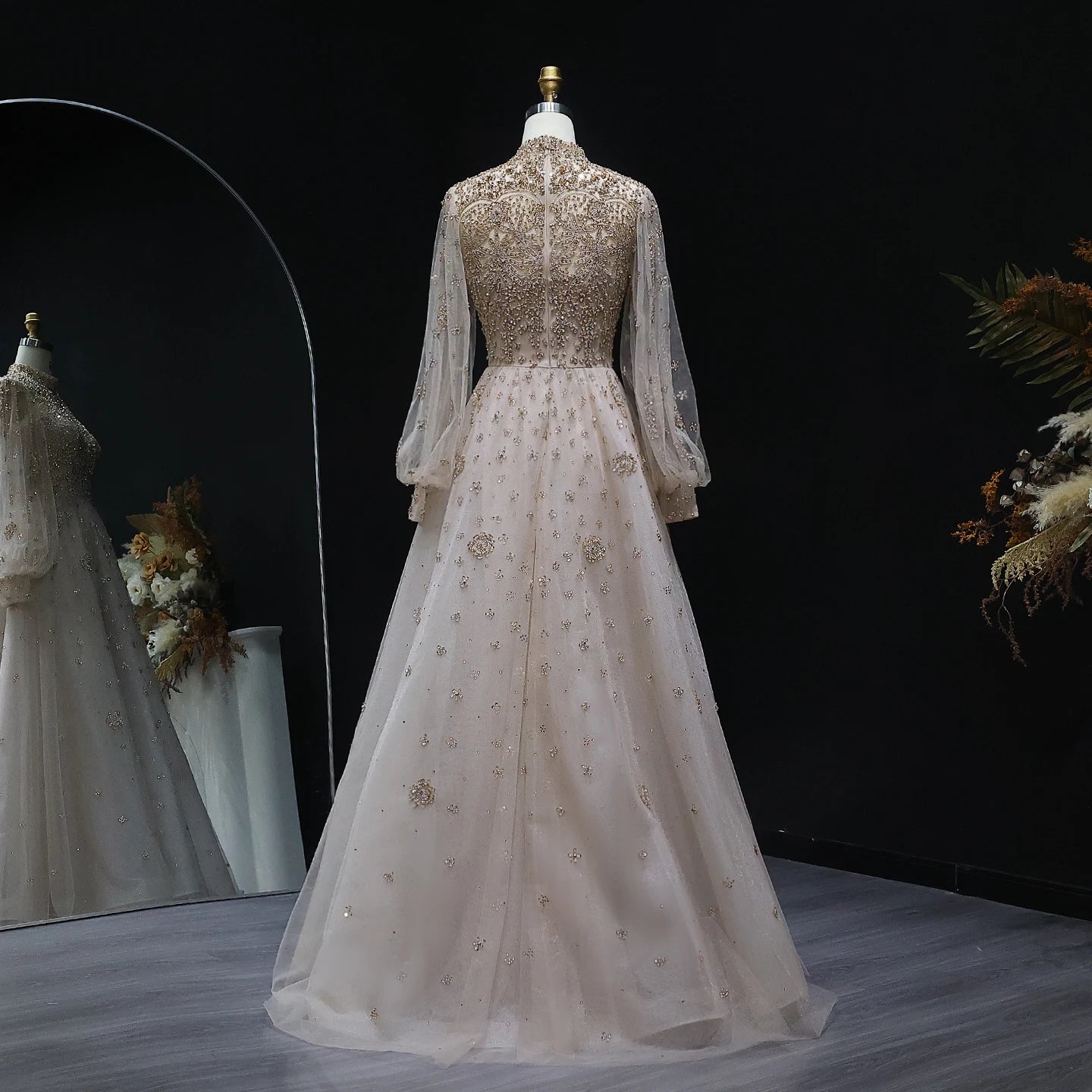 Elegant Champagne Luxury Women Evening Dress for Wedding Long Sleeves Party Formal Gowns - Image 4