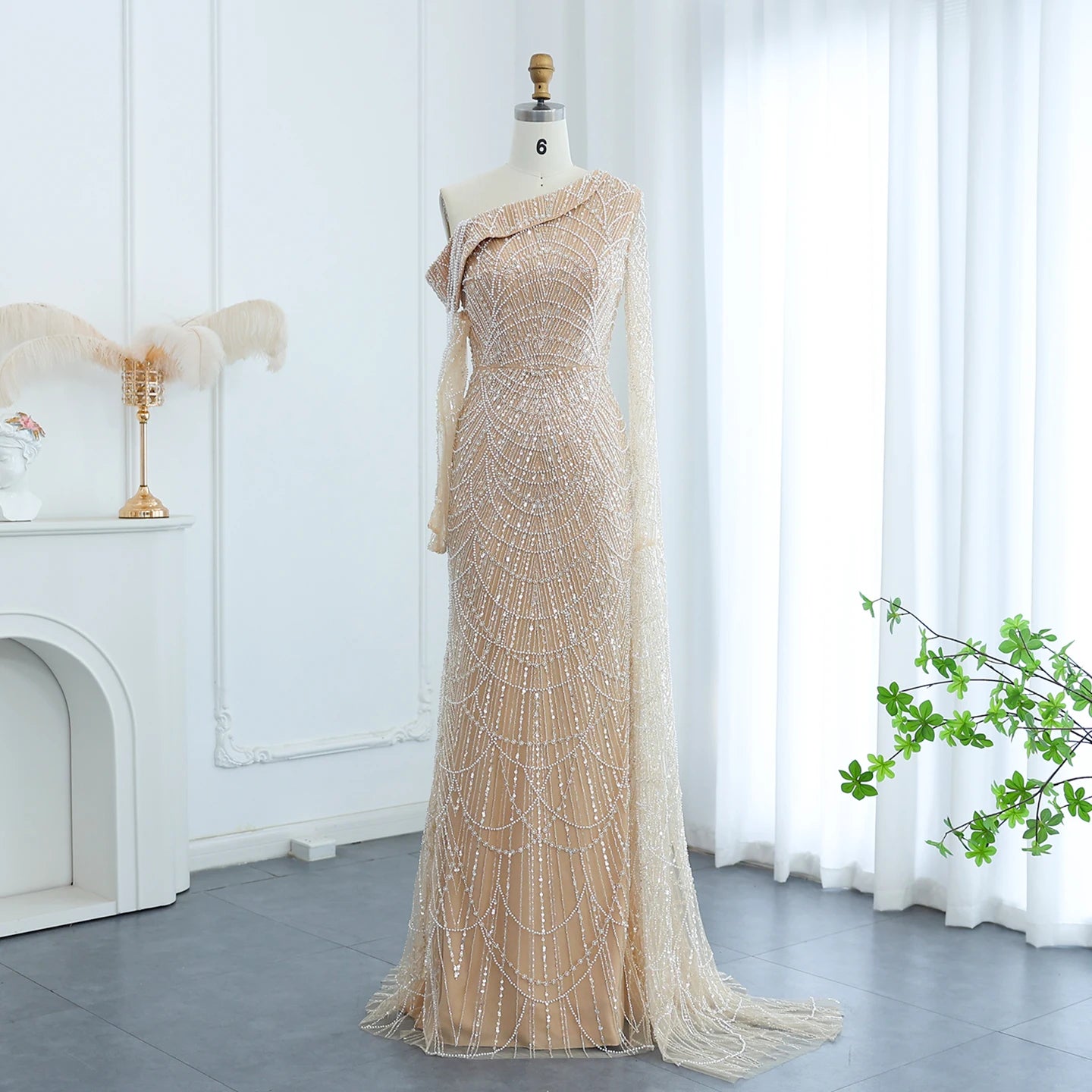 Champagne Mermaid Evening Dresses for Women Wedding Elegant Beads One Shoulder Formal Prom Gowns