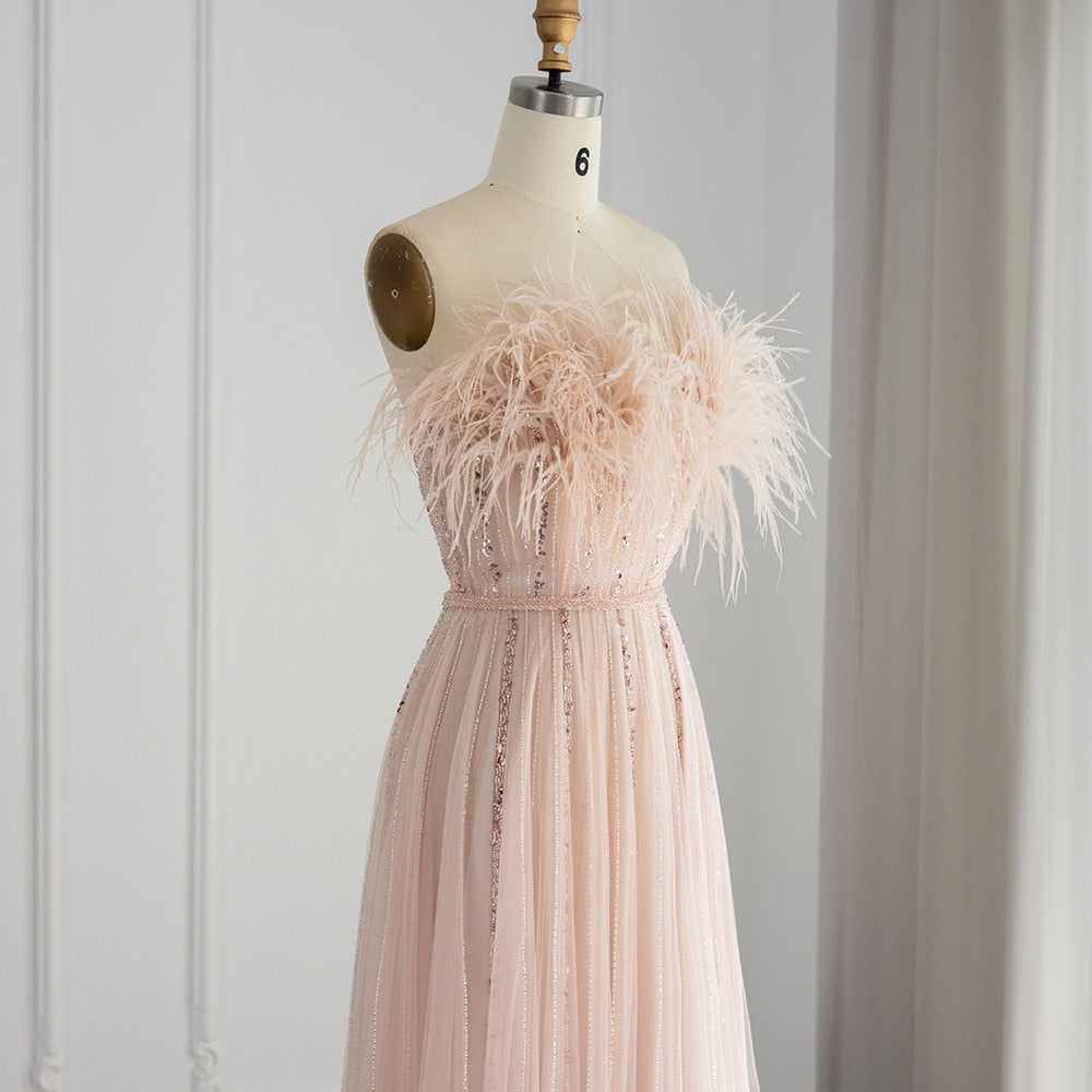 Luxury Blush Pink Feathers Evening Dress Wedding Party Long Elegant Formal Prom Dresses - Image 6