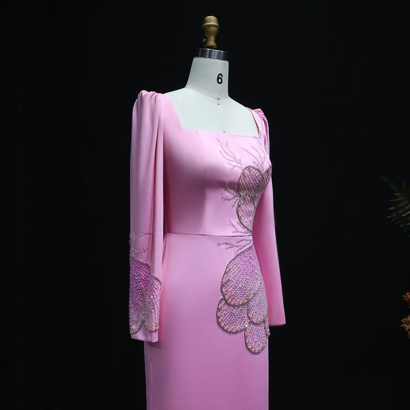 Elegant Pink Beaded Luxury Evening Dress Long Sleeves for Women Wedding Party Square Neckline - Image 3