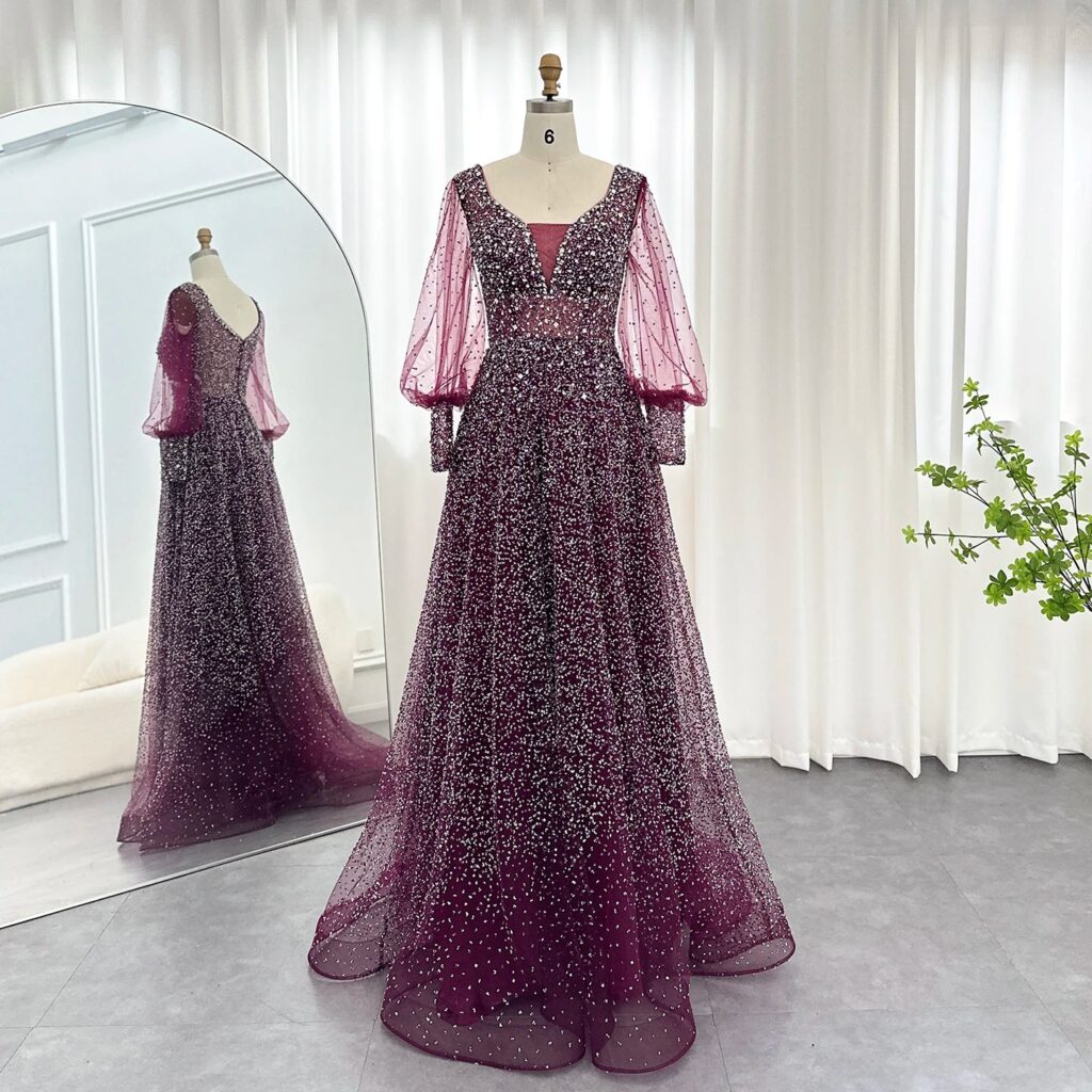 Luxury Rhinestones Purple Evening Dress for Women Wedding Elegant Long Sleeves Plus Size Formal Party Gowns
