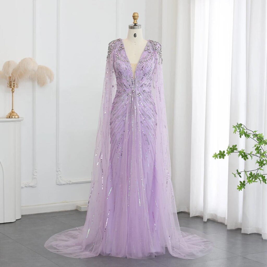 Luxury Evening Dresses with Cape Crystal Elegant Women Wedding Formal Party Gown