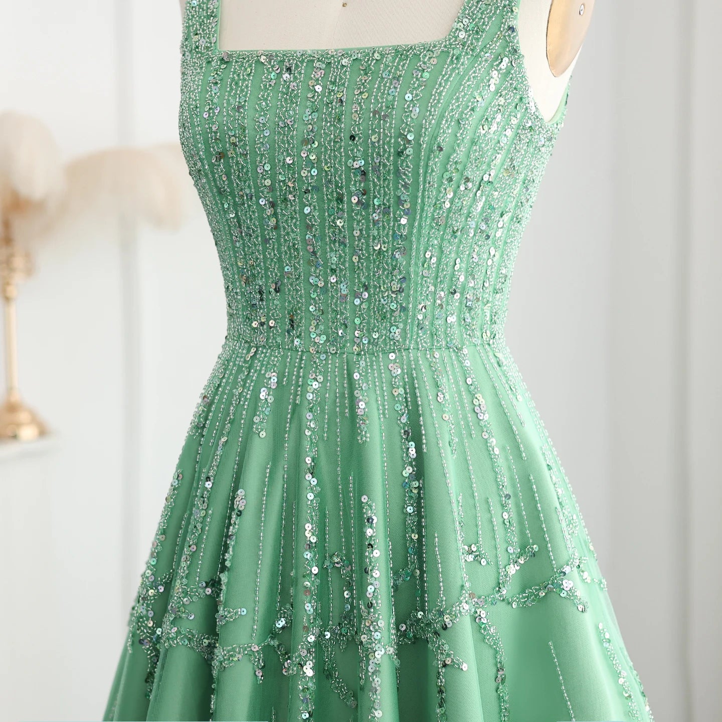 Luxury Beaded Green Evening Dresses with Spaghetti Straps Arabic Women Wedding Party Gowns - Image 2