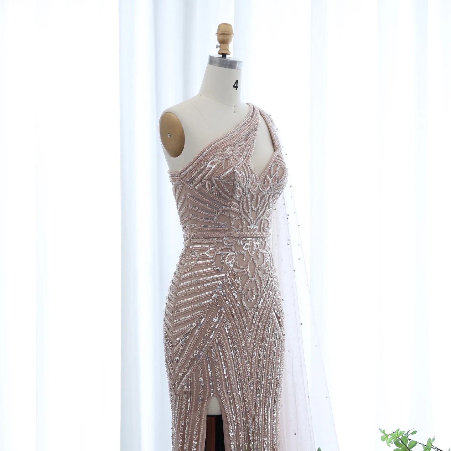Luxury Beaded Mermaid Nude Evening Dress with Cape Sleeve One Shoulder Side Slit Women Wedding Party Gowns - Image 15