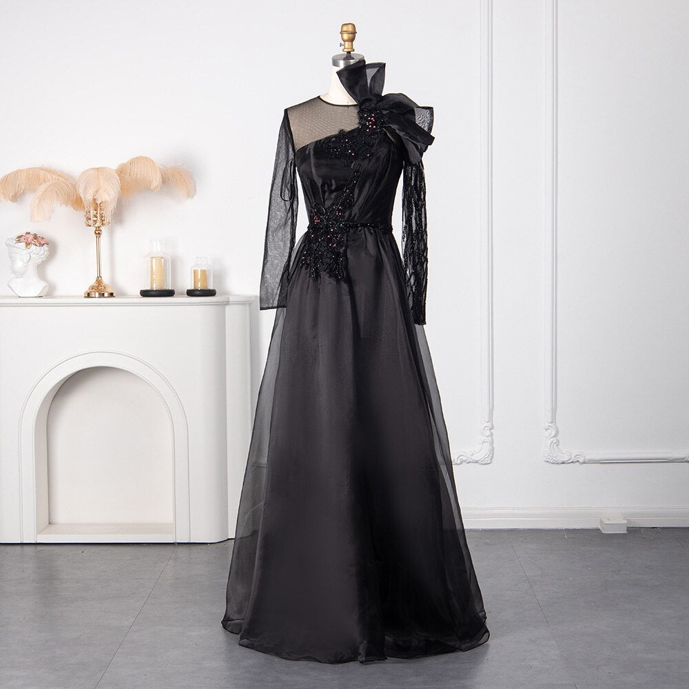 Black Evening Dress Luxury Beaded Long Sleeve Wedding Party Gowns Elegant Women Formal Dresses