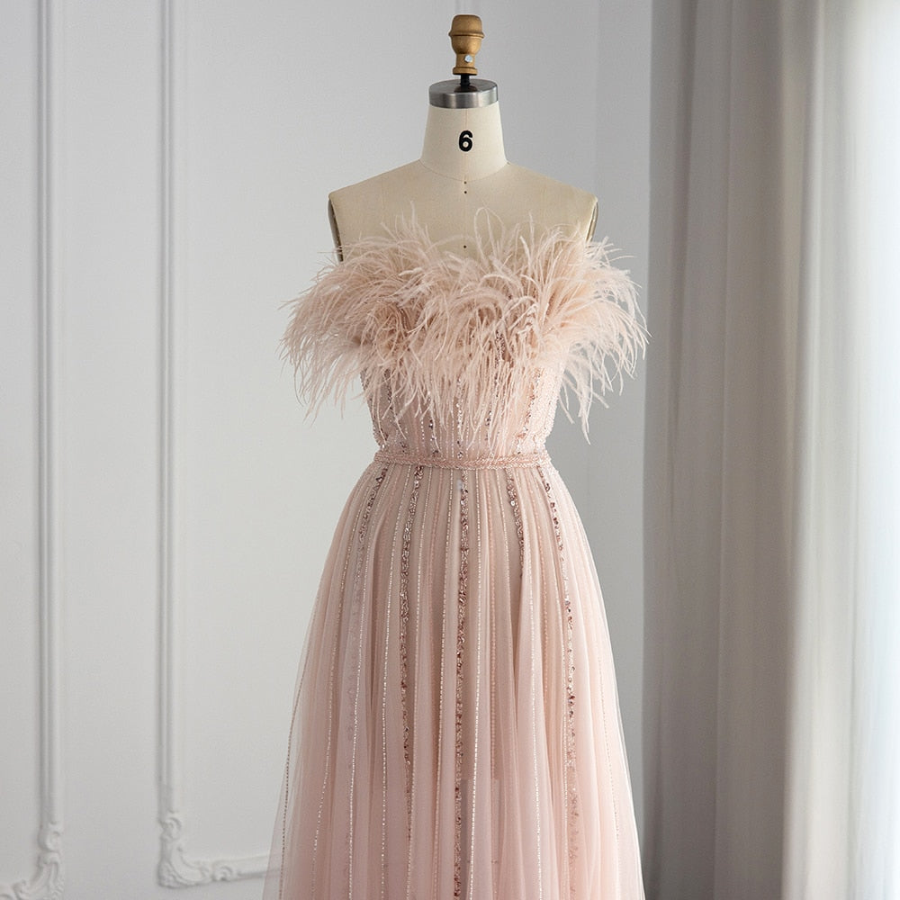 Luxury Blush Pink Feathers Evening Dress Wedding Party Long Elegant Formal Prom Dresses - Image 4