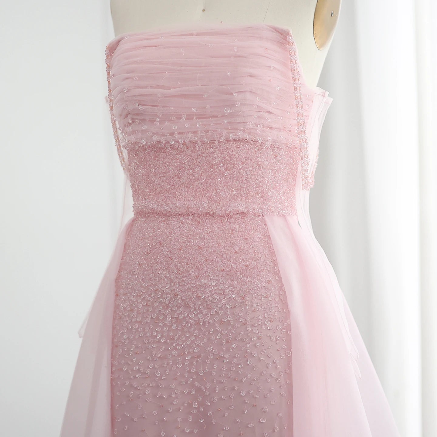 Beads Pink Evening Dress with Overskirt Glove Elegant Women Arabic Formal Party Gown - Image 3