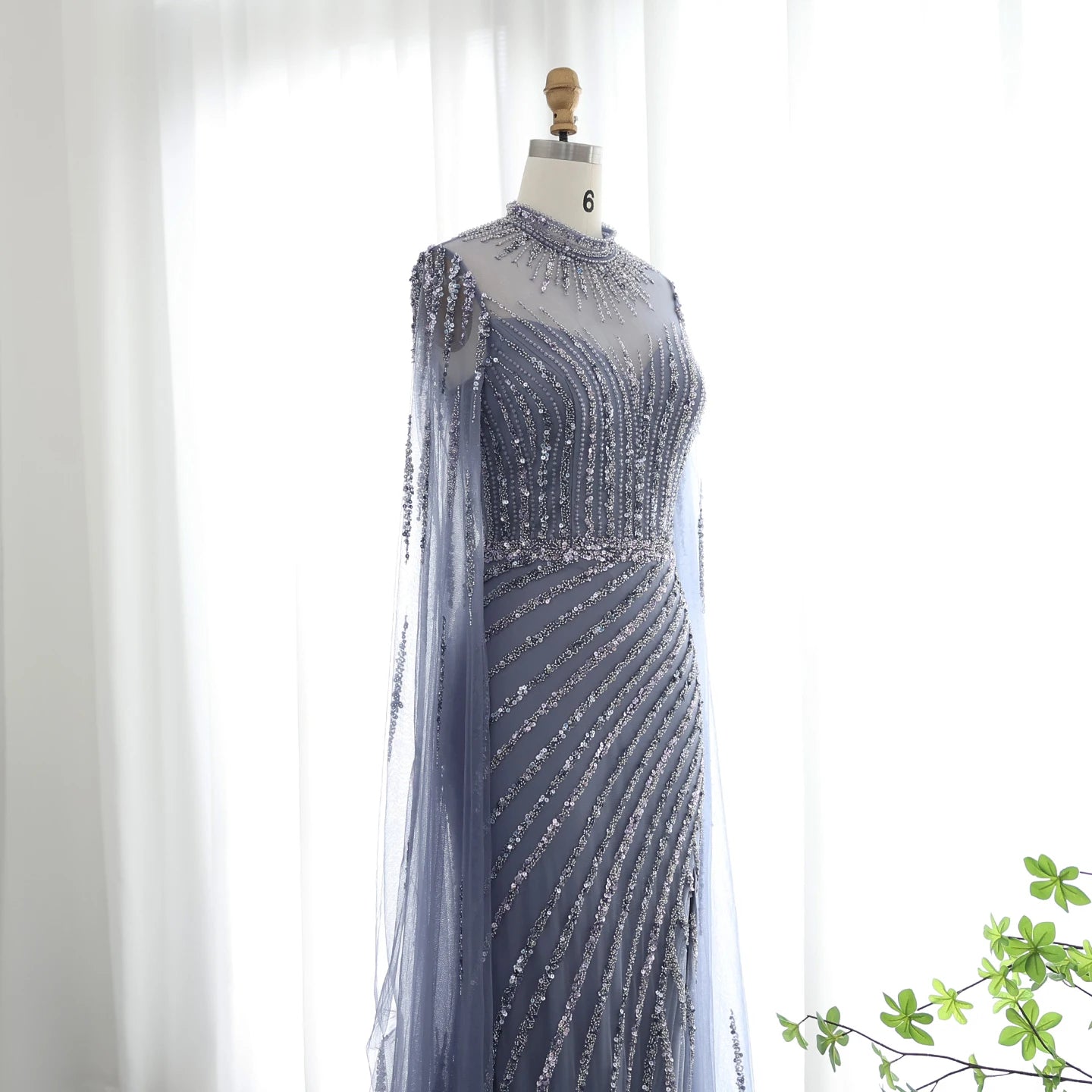 Luxury Beaded Mermaid Nude Evening Dress with Cape Sleeve One Shoulder Side Slit Women Wedding Party Gown - Image 12