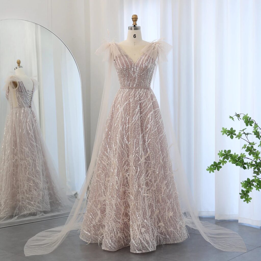 Pink Feathers Luxury Evening Dresses with Cape Women Formal Party Dress for Wedding