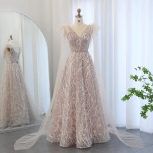 Pink Feathers Luxury Evening Dresses with Cape Women Formal Party Dress for Wedding