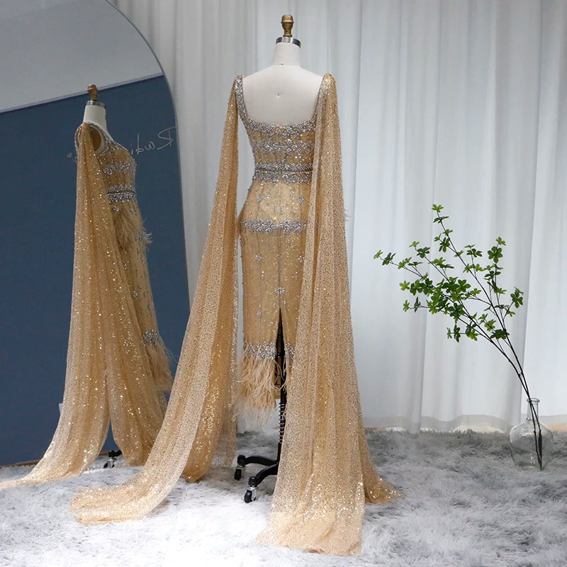 Mermaid Evening Dress with Cape Luxury Feather Formal Dresses for Women Wedding Party - Image 42