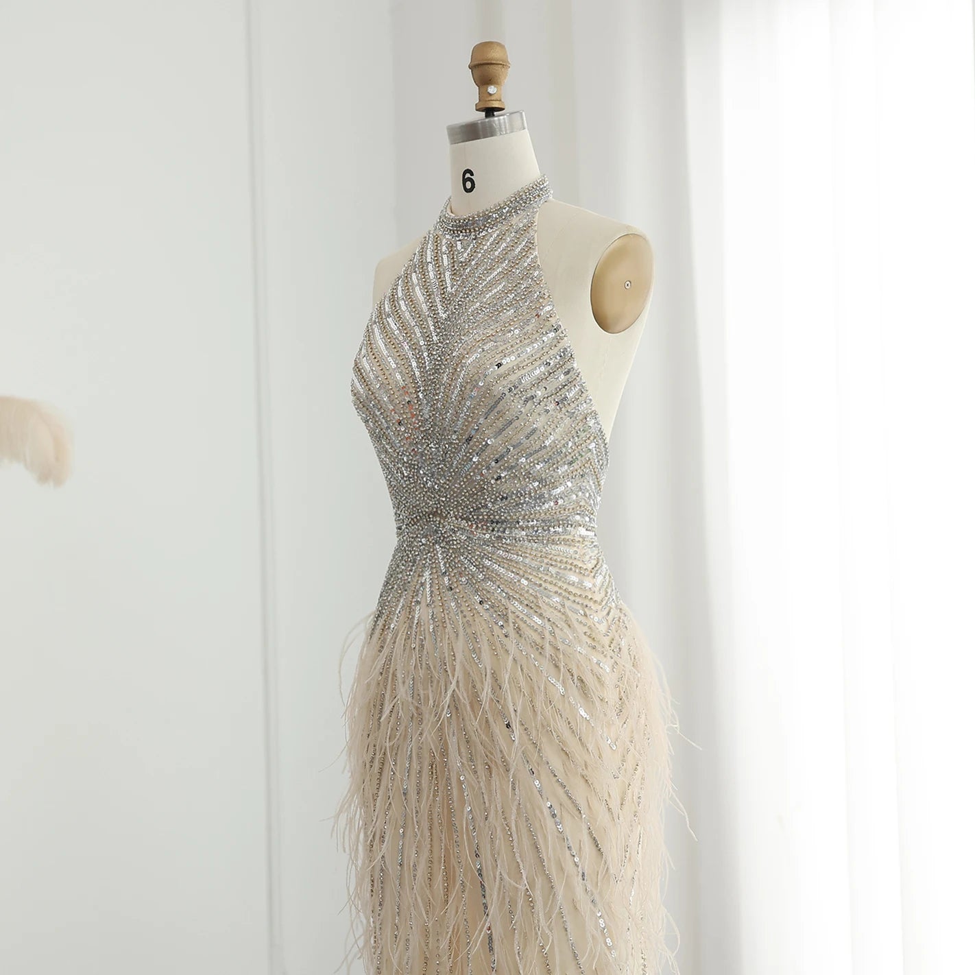 Luxury Beaded Feathers Mermaid Silver Gray Evening Dress Halter Backless Blue Beige Formal Party Gown - Image 14