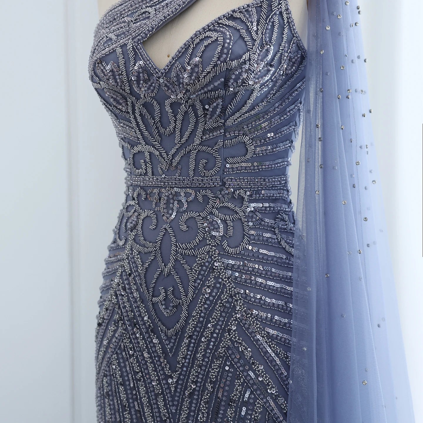 Luxury Beaded Mermaid Nude Evening Dress with Cape Sleeve One Shoulder Side Slit Women Wedding Party Gowns - Image 6