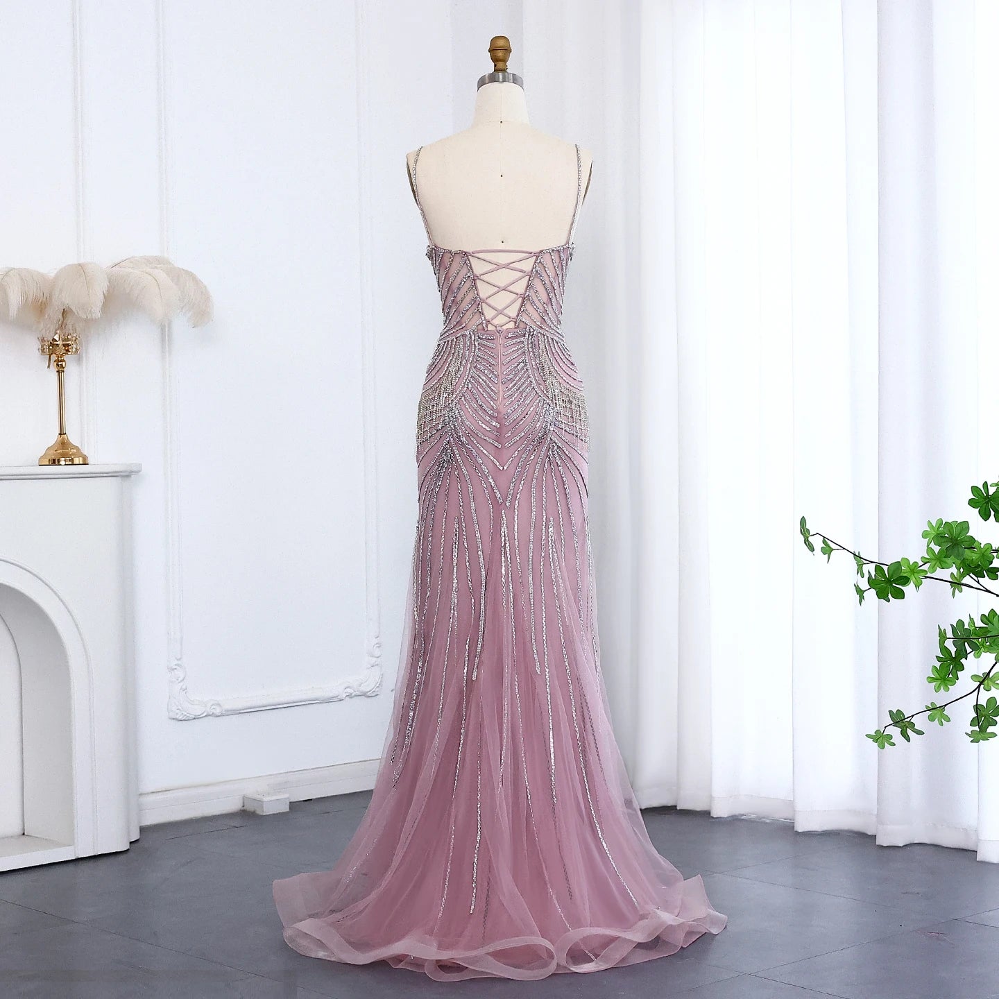 Luxury Crystal Tassel Mermaid Evening Dress with Spaghetti Straps Nude Pink Long Prom Party Gowns - Image 15