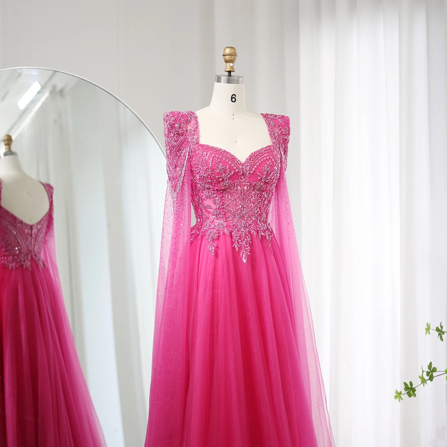 Fuchsia Evening Dress with Cape Sleeves Luxury Beaded Elegant Women Wedding Formal Party Gowns - Image 8