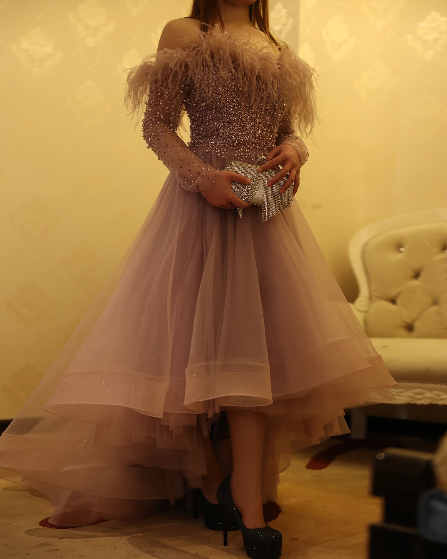 Luxury Feathers Purple High Low Evening Dresses Elegant Off Shoulder Arab Women Wedding Party Prom Dress - Image 20