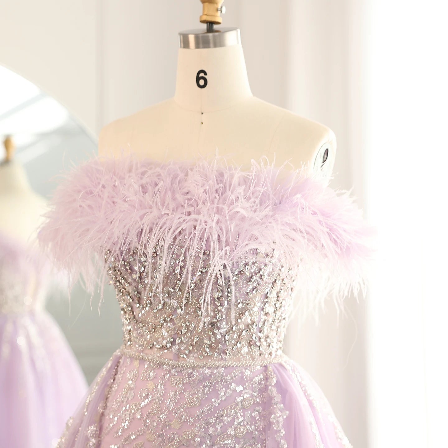 Luxury Feathers Lilac Evening Dress with Overskirt Side Slit Blue Green Women Wedding Party Gowns - Image 9