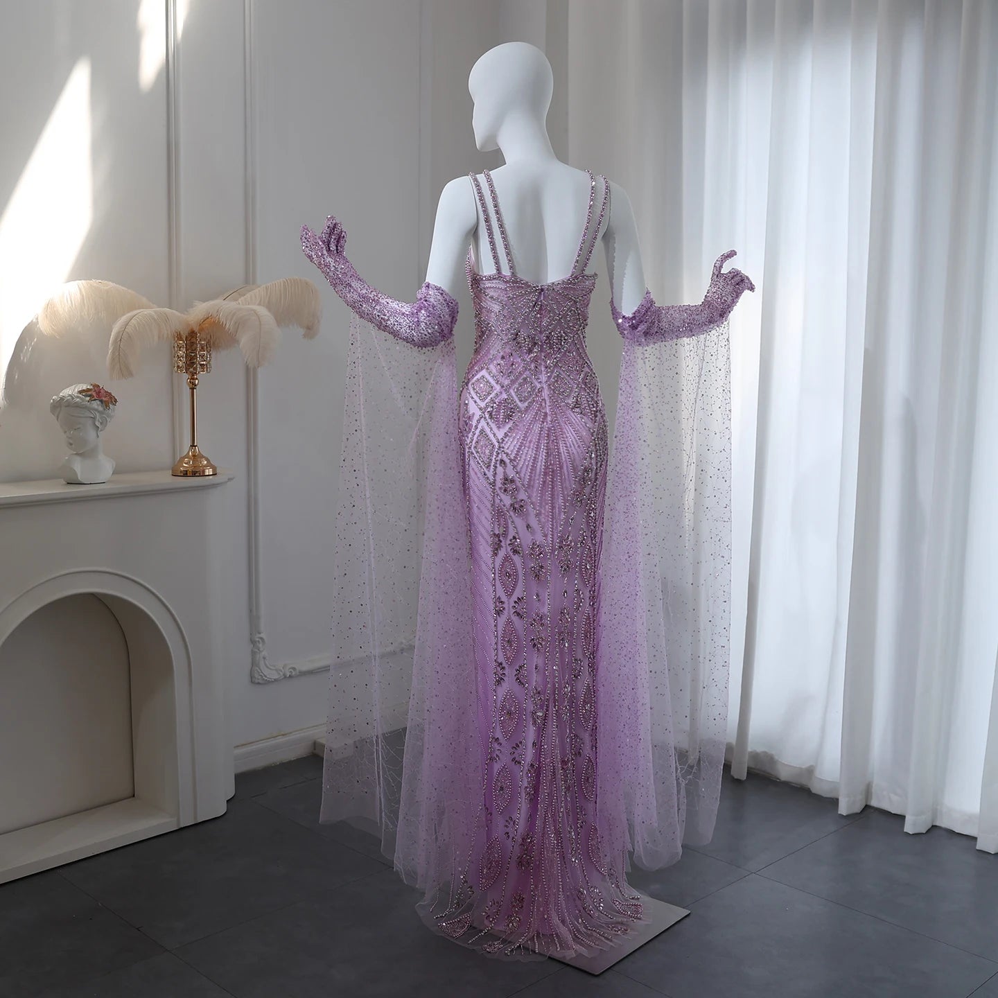 Luxury Lilac Evening Dresses with Gloves Cape Sleeves Long Straight Beyonce Celebrity Prom Party Gowns - Image 11