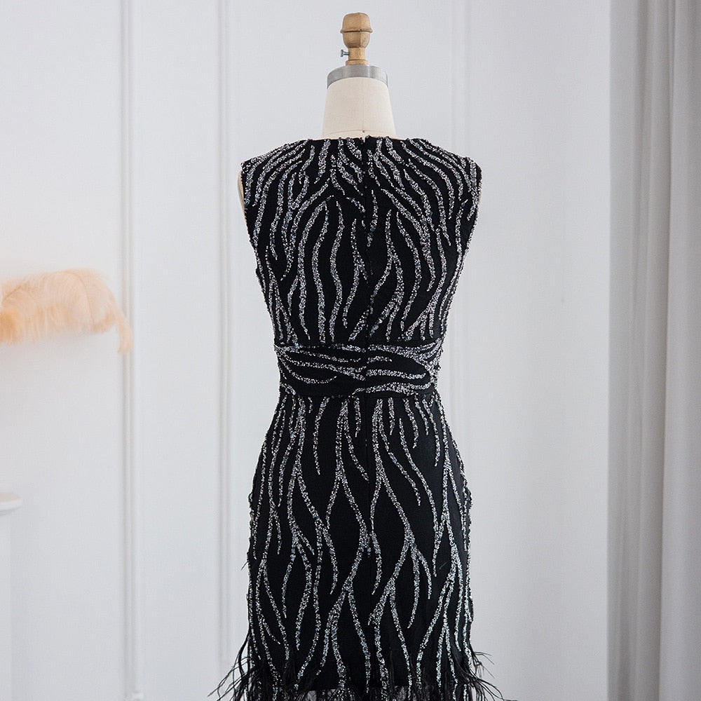 Elegant Lace Midi Evening Dress with Feathers Beading Formal Dresses for Wedding Party - Image 24
