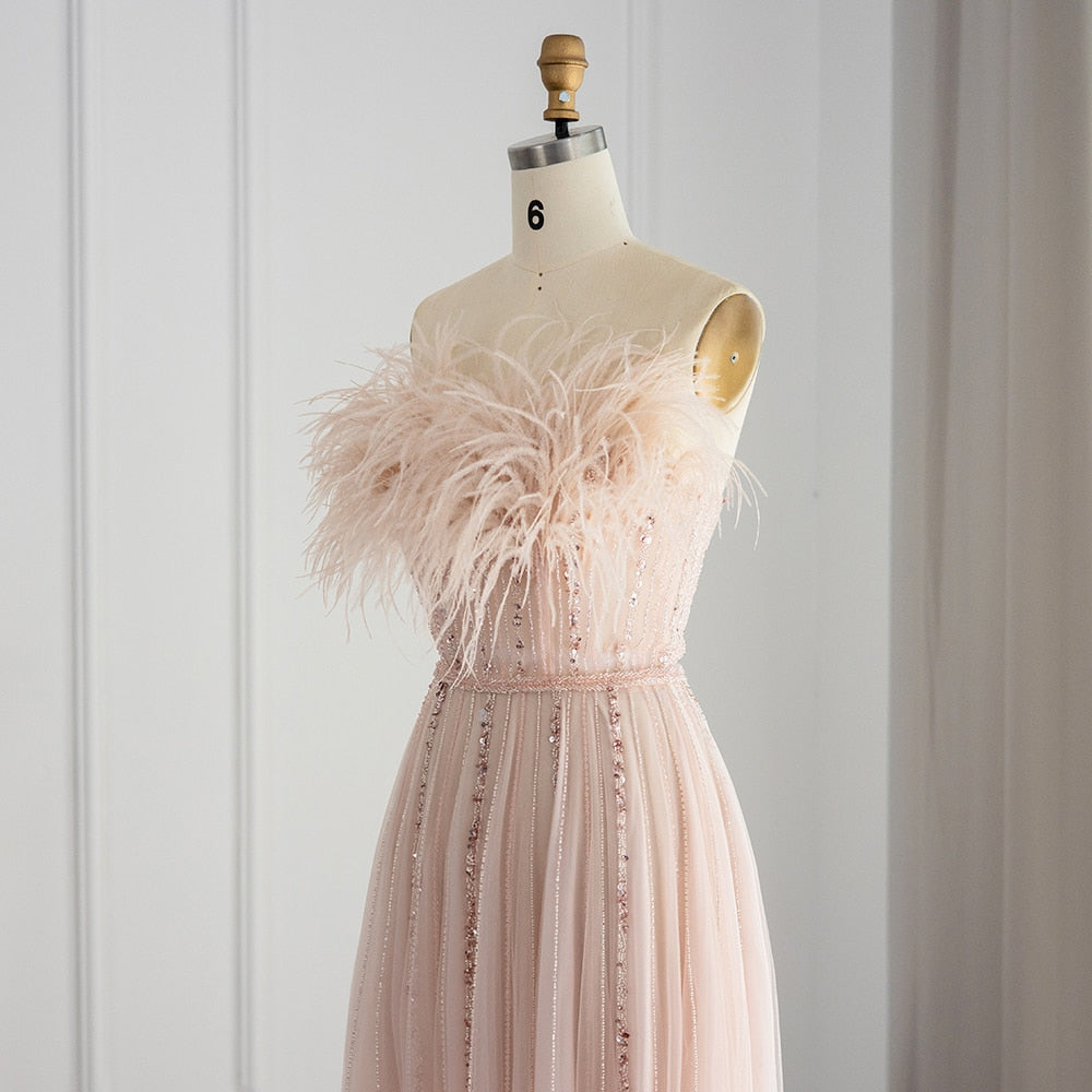 Luxury Blush Pink Feathers Evening Dress Wedding Party Long Elegant Formal Prom Dresses - Image 7