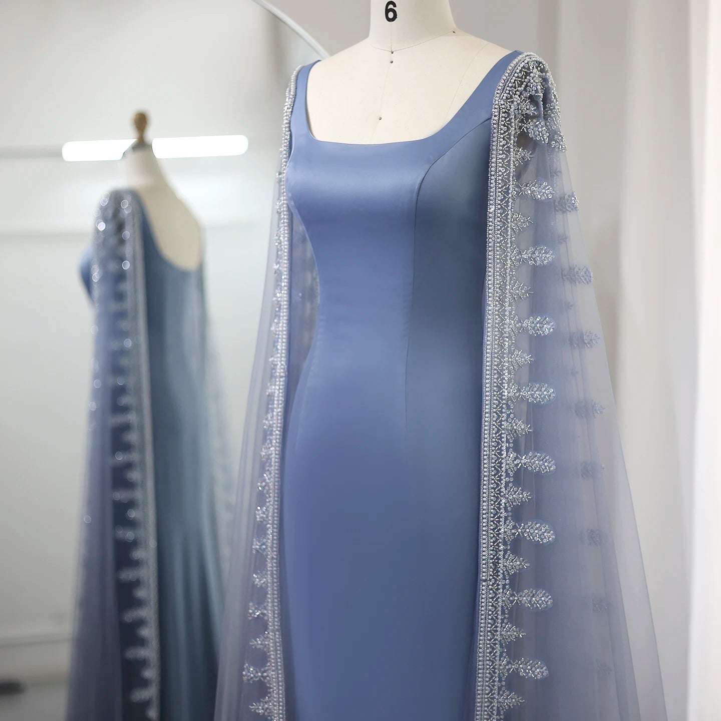 Luxury Blue Mermaid Evening Dresses with Cape Sleeves Sage Green Elegant Women Wedding Party Gowns - Image 6
