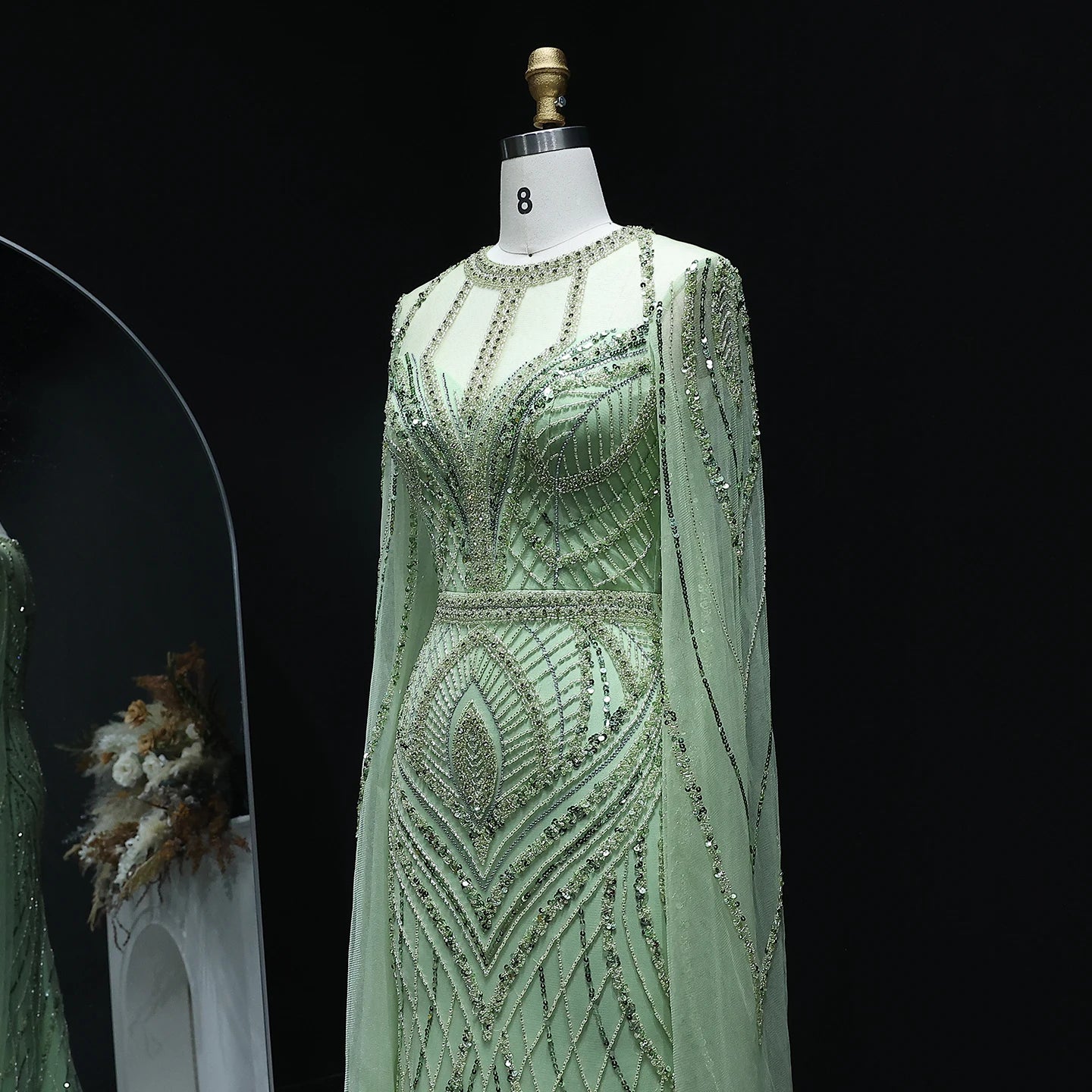 Luxury Green Mermaid Evening Dress with Cape Sleeves Caramel Women Wedding Party Gowns Customized - Image 8