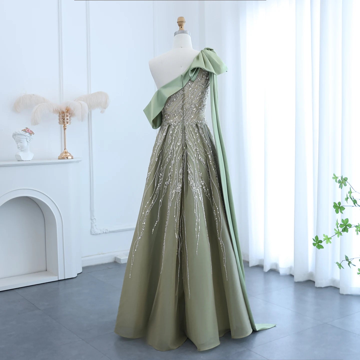 Luxury One Shoulder Olive Green Evening Dress with Cape Sleeves Side Slit Wedding Party Gowns - Image 4