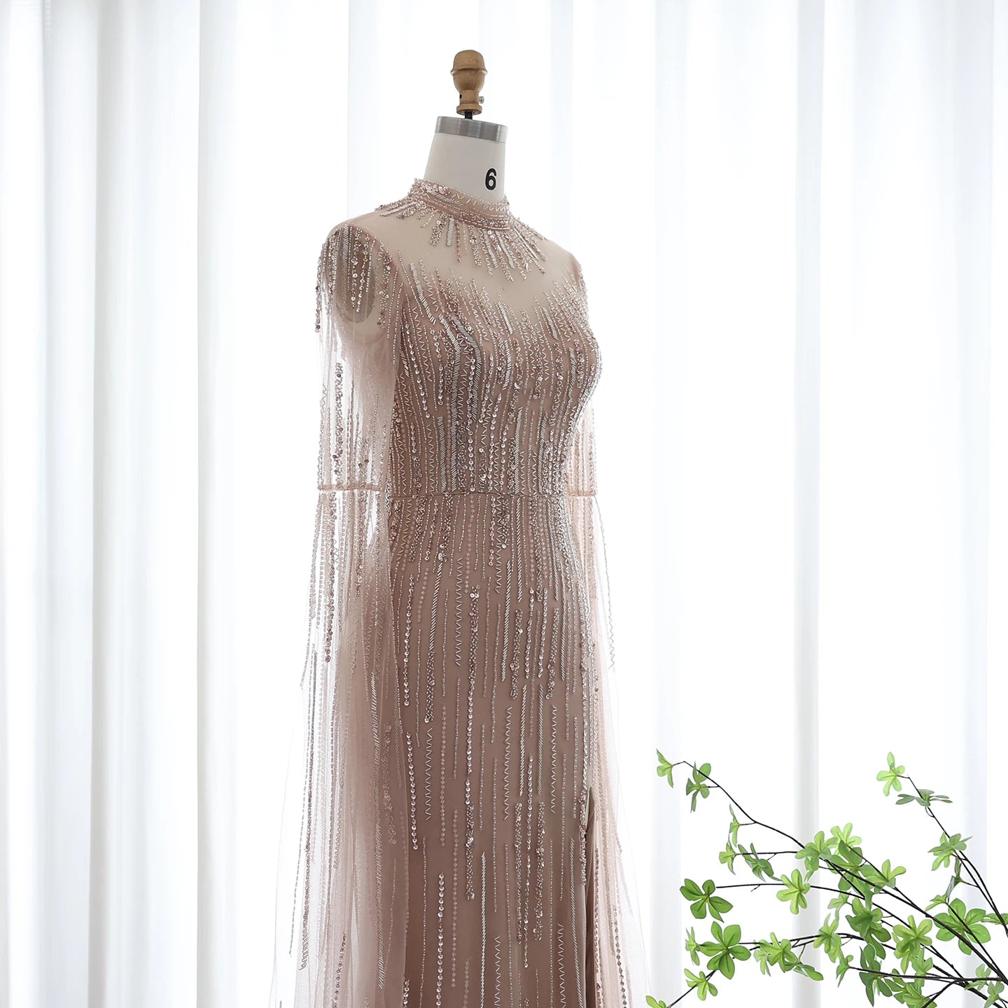 Luxury Beaded Mermaid Green Evening Dress with Cape Sleeve High Neck Side Slit Nude Women Wedding Party Gowns - Image 11
