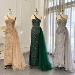 One Shoulder Evening Dresses with OVerskirt Side Slit Luxury Mermaid Prom Formal Gowns