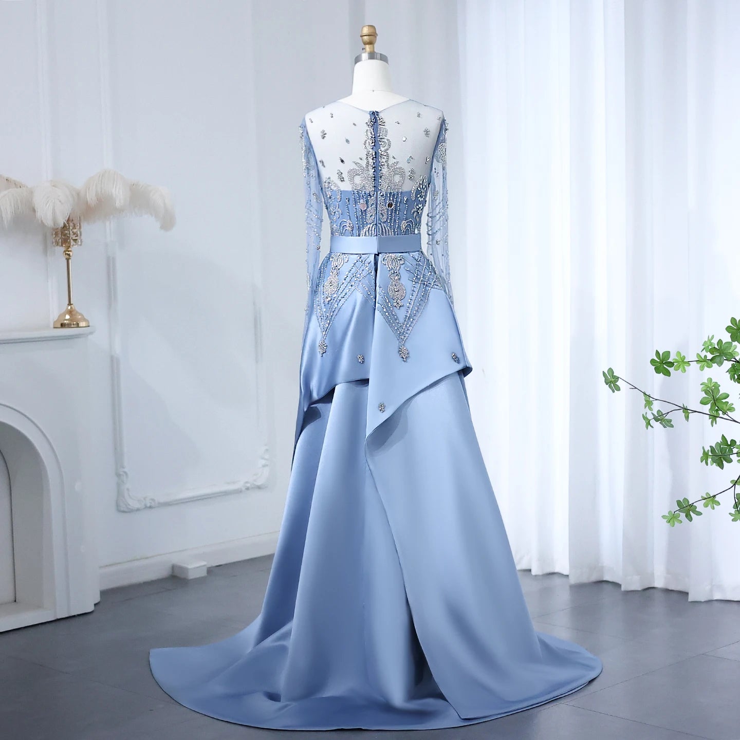 Luxury Beads Blue Long Sleeves Evening Dress with Overskirt Women Party Gowns - Image 7