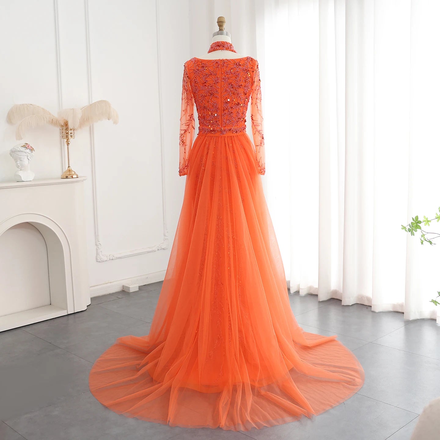 Luxury Beaded Mermaid Evening Dress with Overskirt Long Sleeves Women Wedding Party Gowns - Image 8