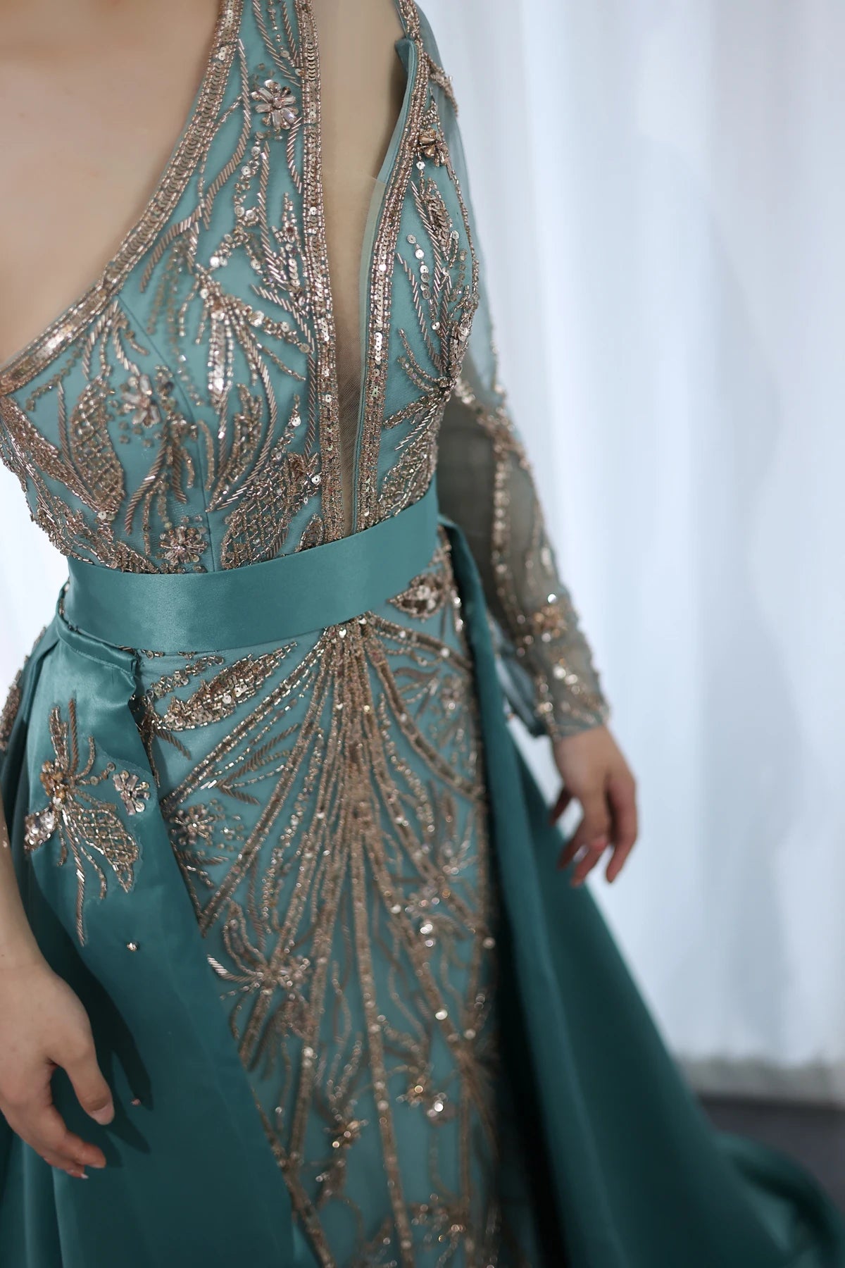Luxury Beads One Shoulder Turquoise Evening Dress with Overskirt Women Wedding Party Gown - Image 8