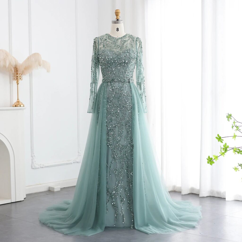 Turquoise Mermaid Evening Dress with Tulle Overskirt Nude Party gown