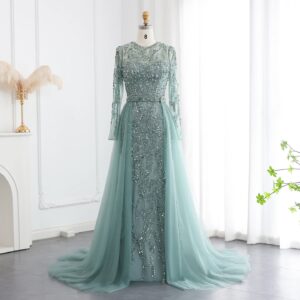 Turquoise Mermaid Evening Dress with Tulle Overskirt Nude Party gown