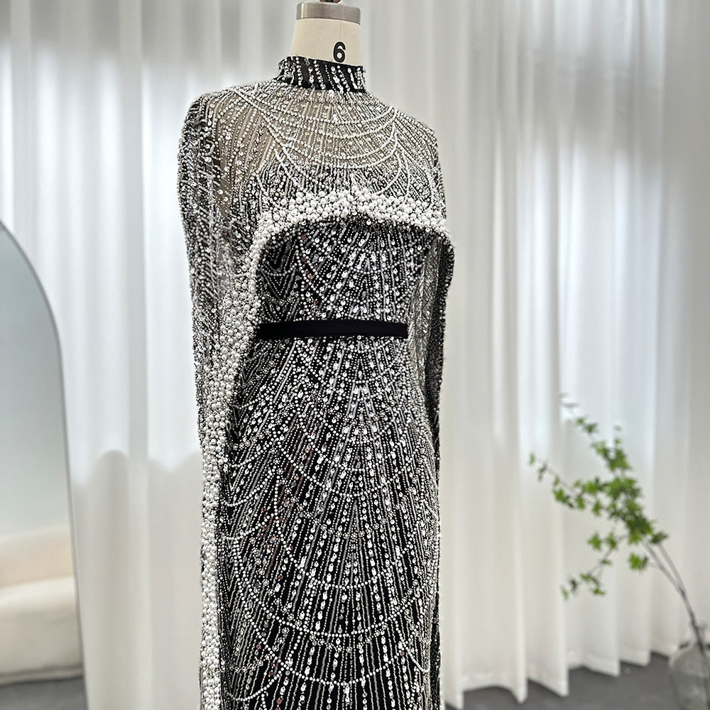 Luxury Pearls Champagne Evening Dresses with Cape Women Mermaid Wedding Party Prom Dress - Image 24