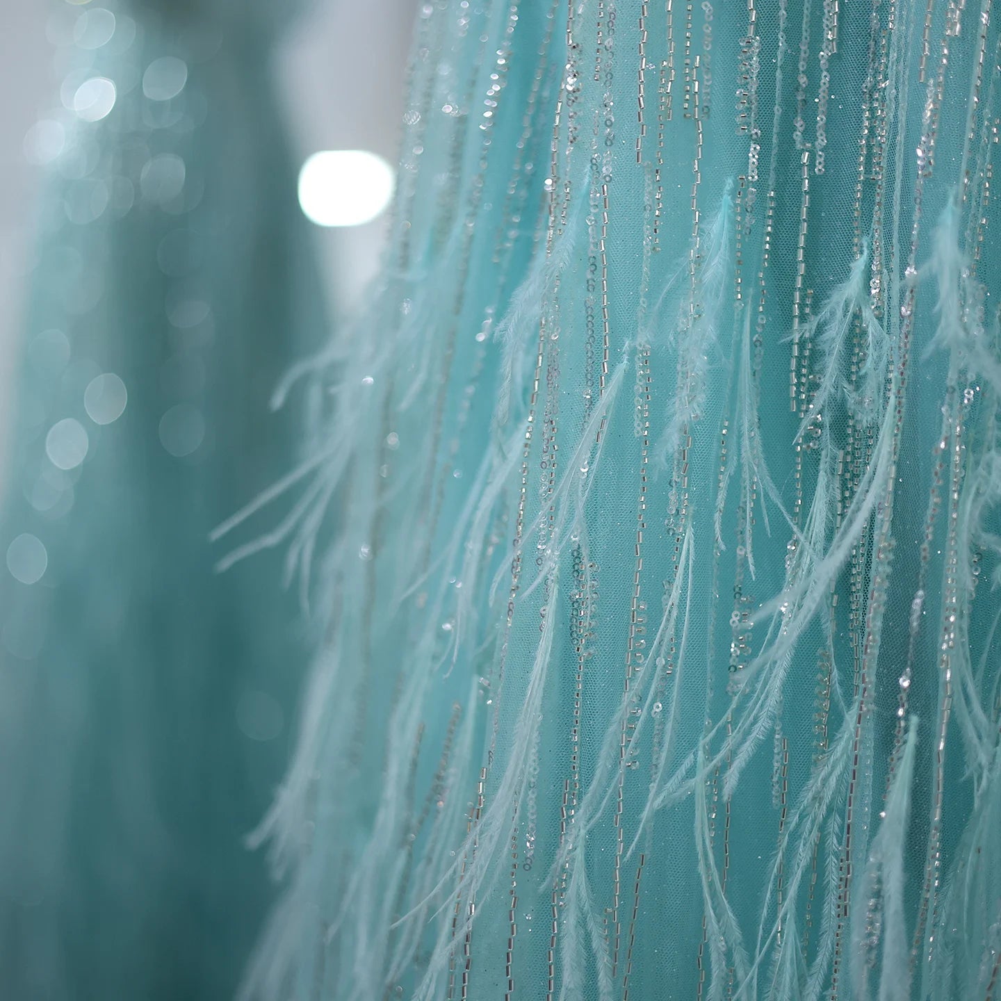 Feathers Aqua Green Luxury Evening Dresses Off Shoulder Prom Party Wedding Dress - Image 4