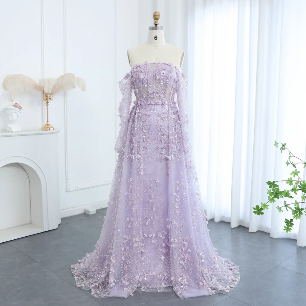 Elegant 3D Flowers Pink Luxury Evening Dress with Overskirt Lilac Long Sleeves Women Wedding Party Gown
