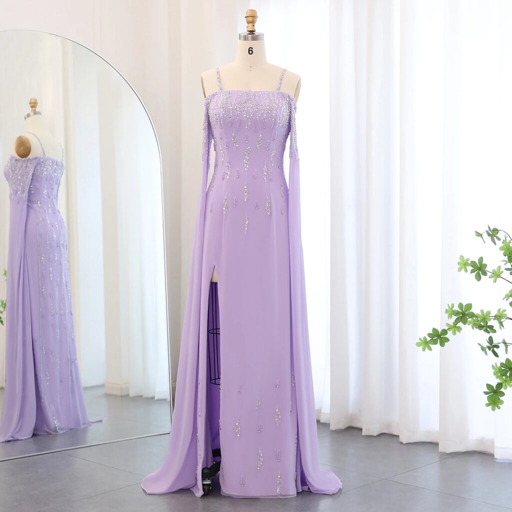 Lilac Mermaid Evening Dress with Cape Sleeves 2024 LuxuryBeaded Women Wedding Formal Party Gowns