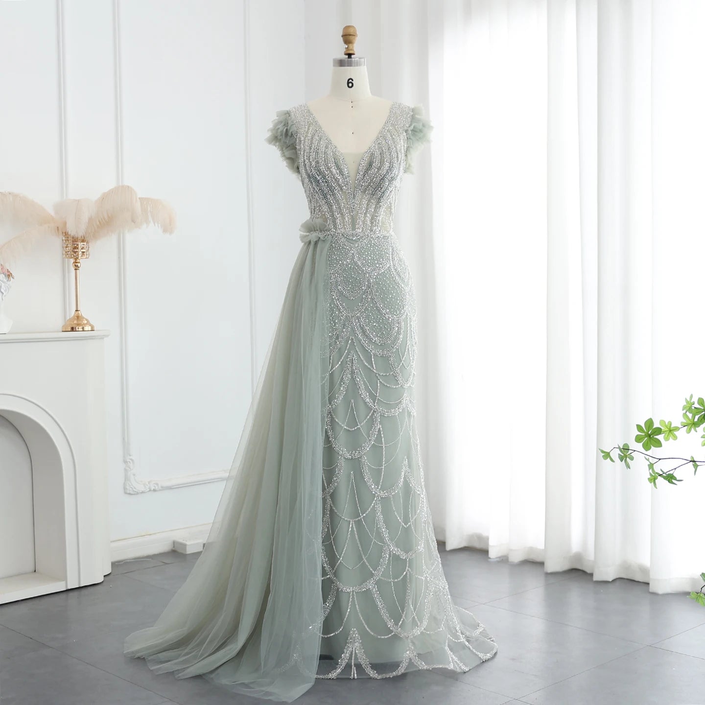 Luxury Beaded Lilac Mermaid Evening Dresses with Overskirt Elegant V-Neck Long Women Wedding Party Gowns - Image 3