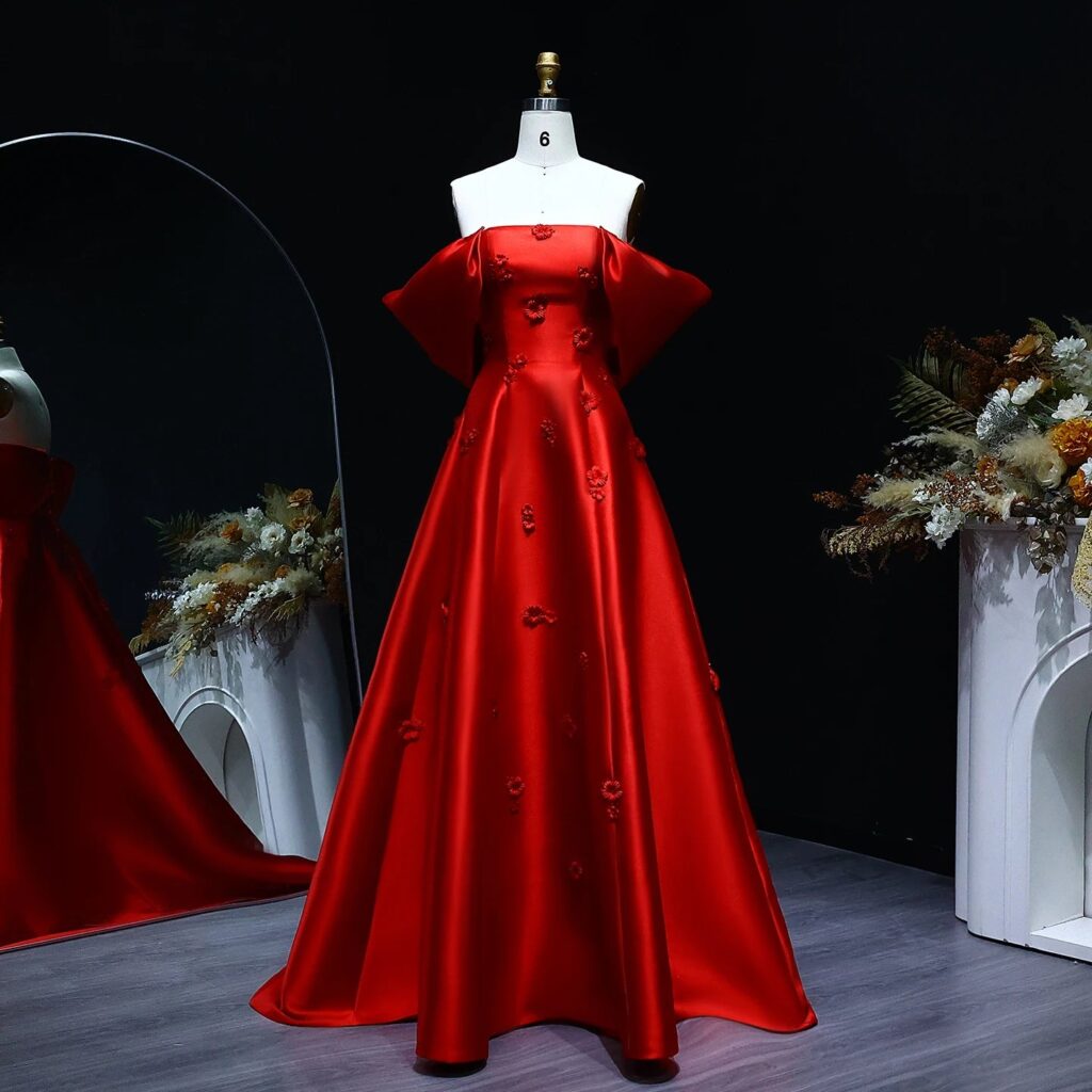 Off Shoulder Wine Red  Evening Dress 3D Flowers Women Wedding Engagement Party Gowns