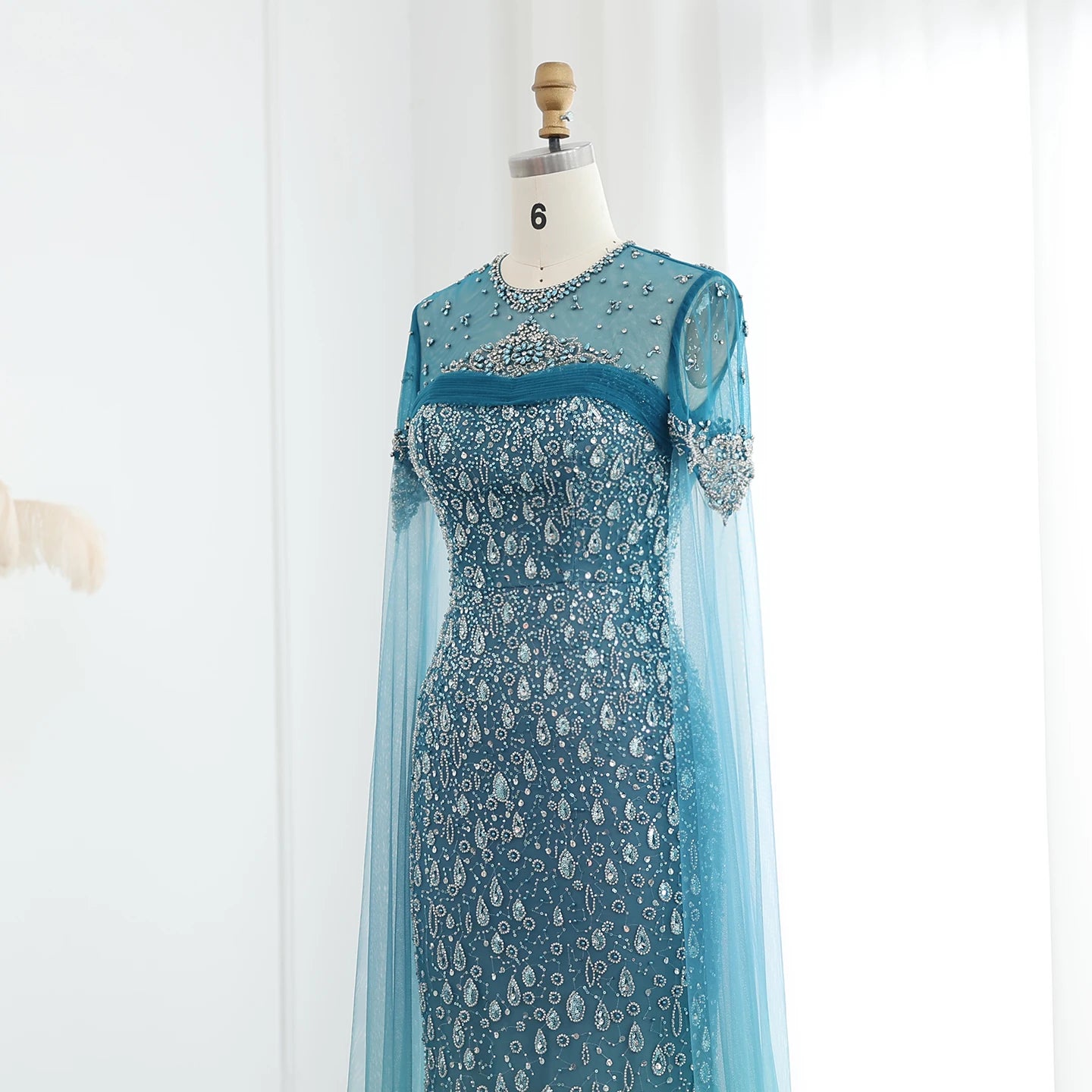 Mermaid Turquoise Crystal Evening Dresses with Cape Sleeves Arabic Women Wedding Party Gowns - Image 16