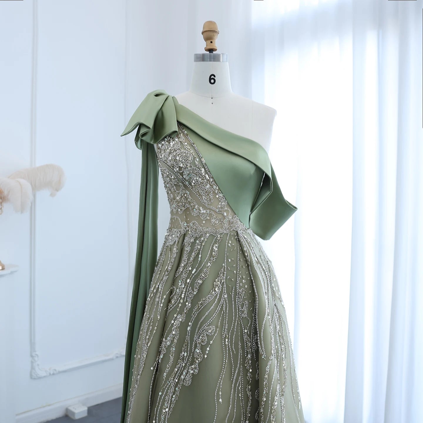 Luxury One Shoulder Olive Green Evening Dress with Cape Sleeves Side Slit Wedding Party Gowns - Image 5