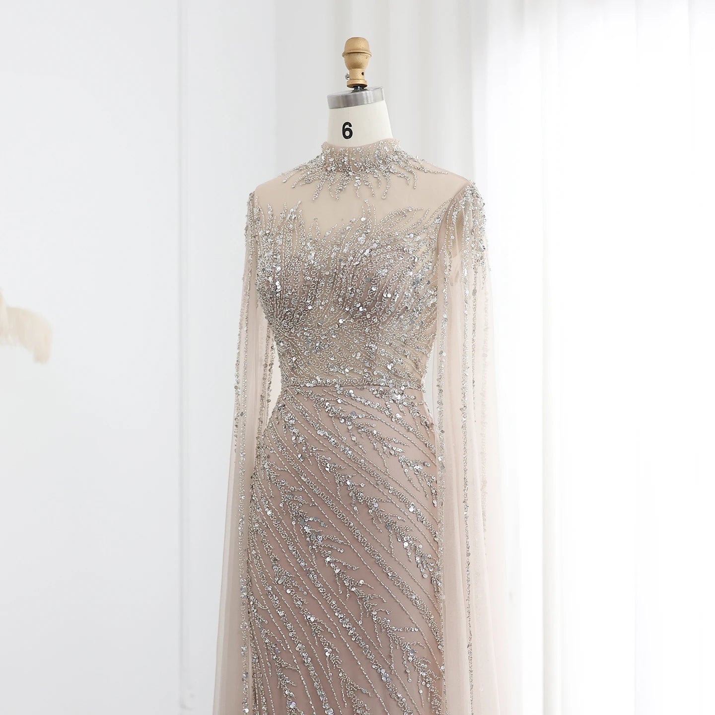 Black Nude Mermaid Evening Dress with Cape Sleeves High Neck Women Party Formal Gowns - Image 5
