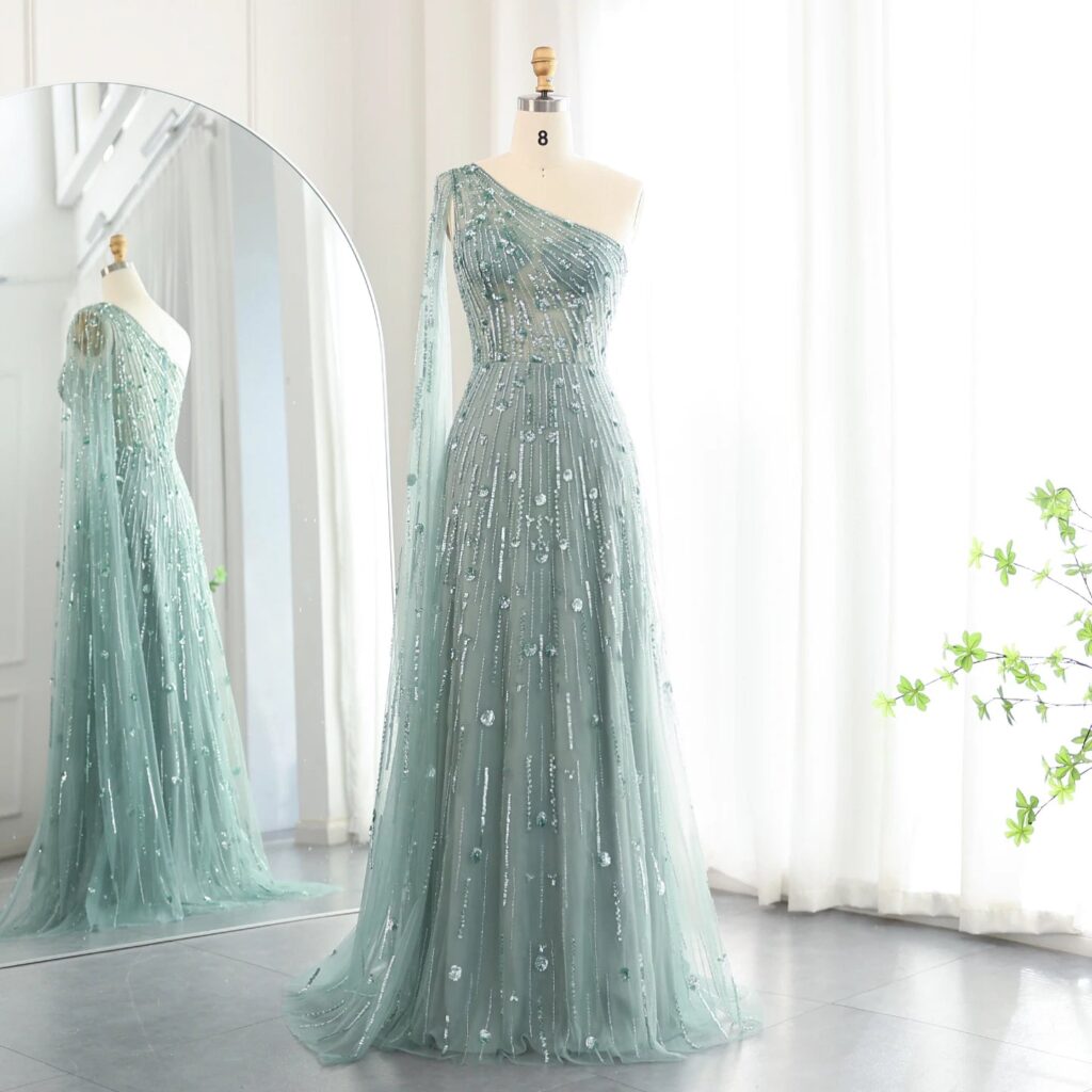 Luxury Beaded Black One Shoulder Evening Dresses with Cape Sleeve Sage Green Lilac Women Wedding Party Gowns