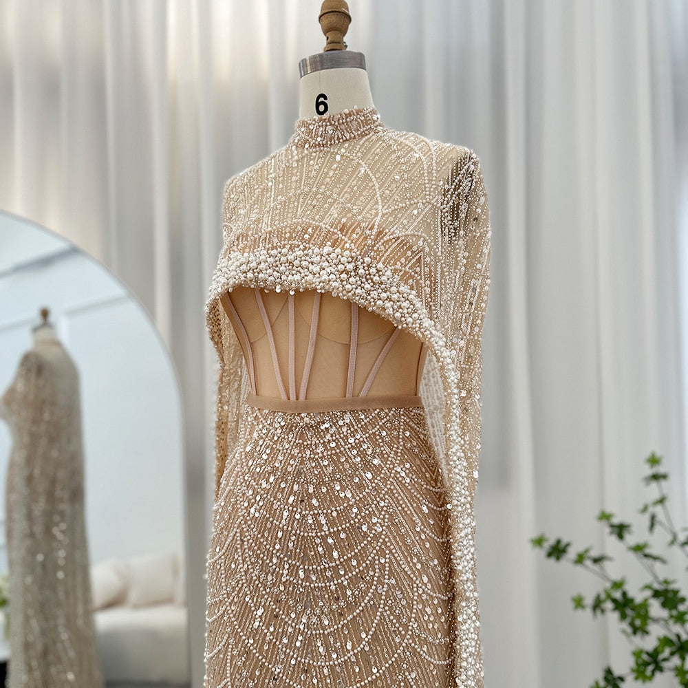 Luxury Pearls Champagne Evening Dresses with Cape Women Mermaid Wedding Party Prom Dress - Image 9