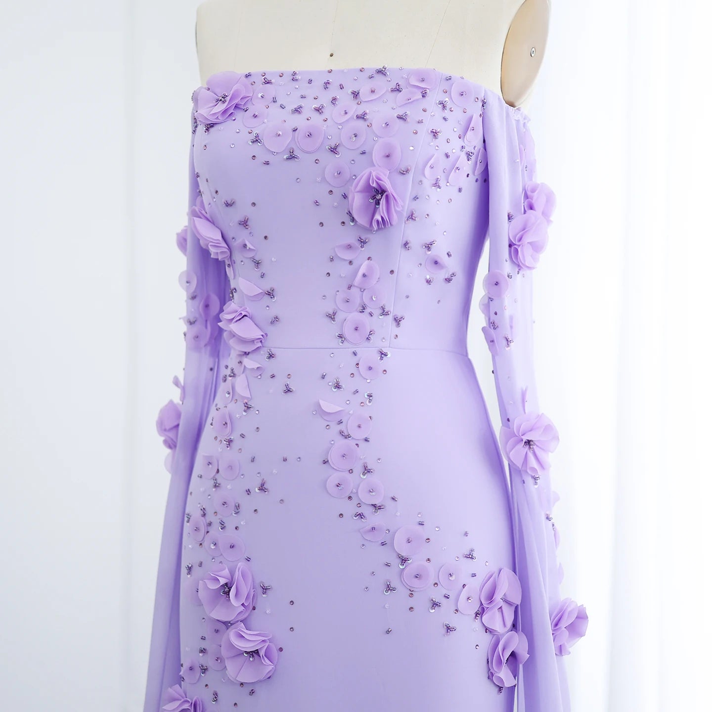 Elegant Off Shoulder Lilac 3D Flowers Evening Dress with Cape Sleeves for Wedding Party - Image 3