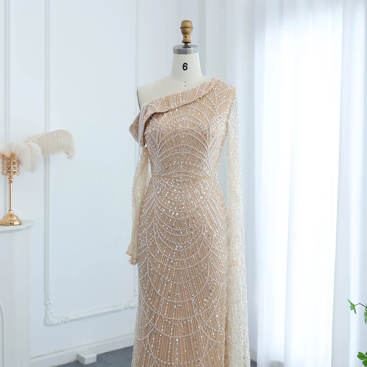 Champagne Mermaid Evening Dresses for Women Wedding Elegant Beads One Shoulder Formal Prom Gowns - Image 2