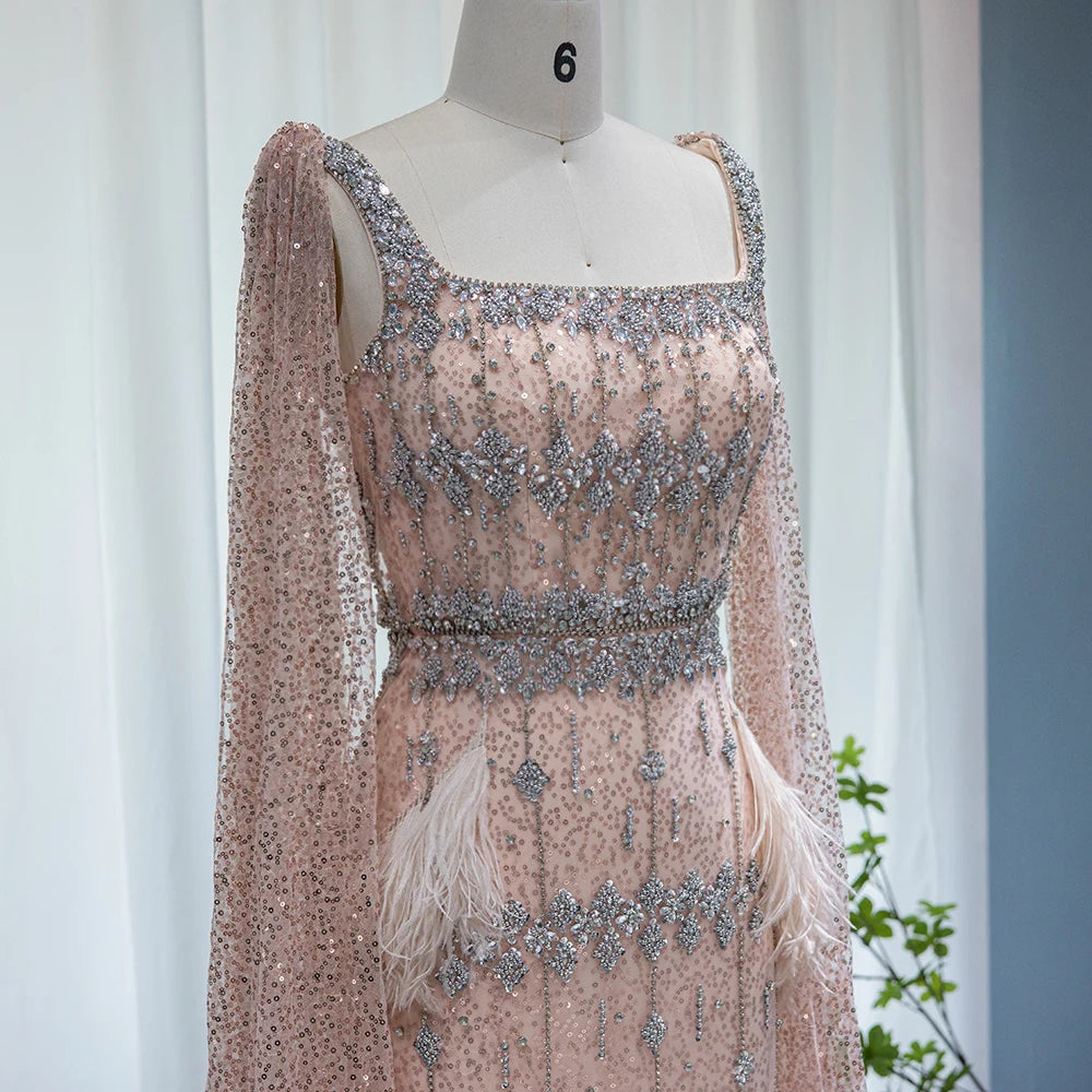 Mermaid Evening Dress with Cape Luxury Feather Formal Dresses for Women Wedding Party - Image 47
